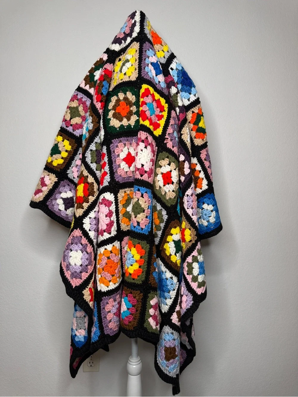 Handmade Multicolor Black Border Crochet Granny Square Throw Blanket 63x54